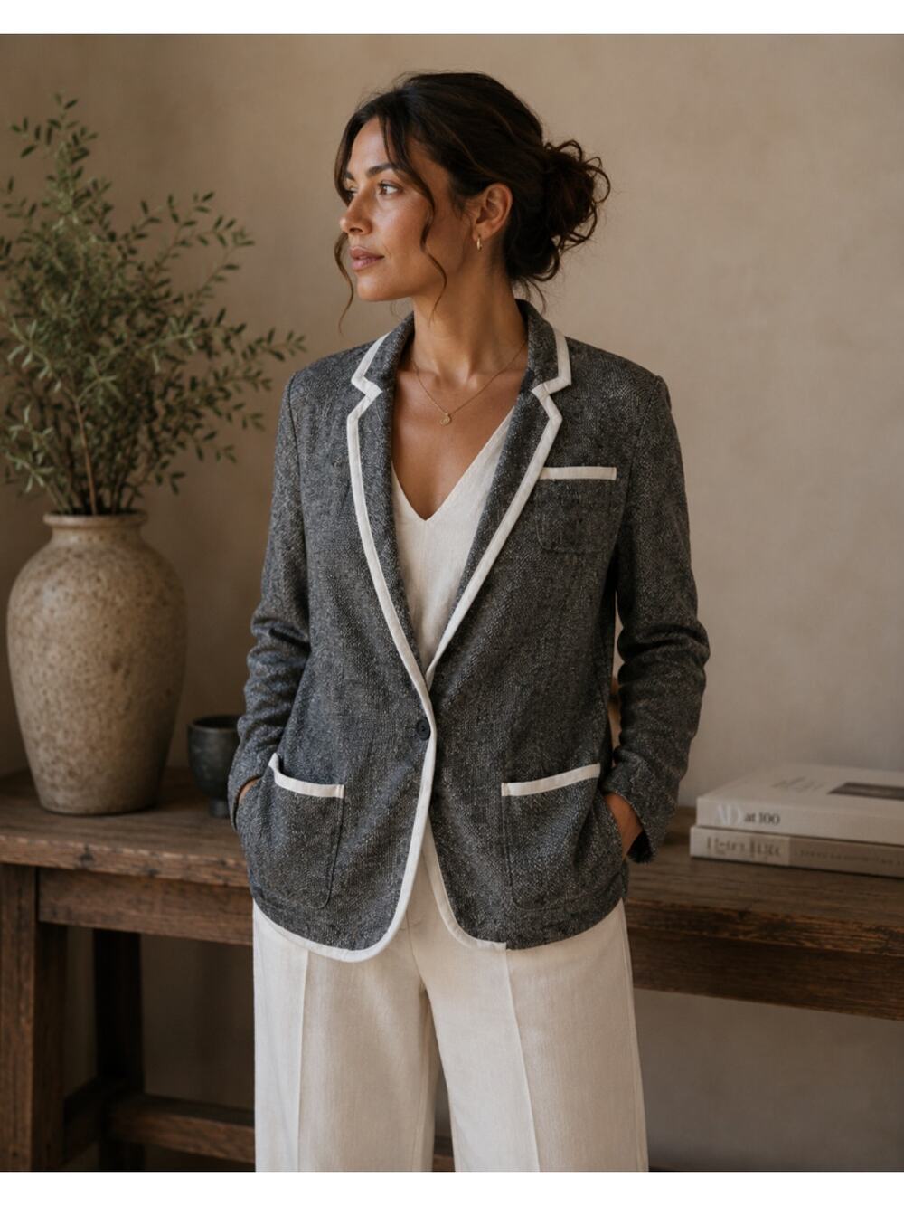 BANANA REPUBLIC Hacking Jacket Blazer Piped Gray Sz 12 $179 {M1}